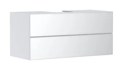 Weißer Waschtischunterschrank von Hansgrohe mit zwei Schubkästen und durchgehend glatter Oberfläche. Anspruchsvolles Design für moderne Badezimmergestaltung.